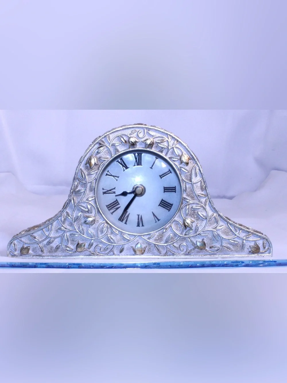Ornate Vintage Styled Floral Mantel Clock - Silver and Gold Toned